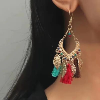 Etnische Waaiervormige Kwastjes Hangende Oorbellen Voor Vrouwen Boheemse Gouden Kleur Blad Zijde Stof Druppel Oorbel Vrouwelijke Feest Sieraden