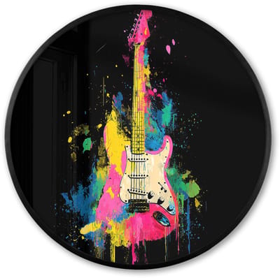 Poster in lijst Rond - Fotolijst 60x60 cm - Posters - Gitaar - Kleurrijk - Verf - Ronde posterlijst zwart - Decoratie - Wanddecoratie woonkamer - Muurdecoratie slaapkamer