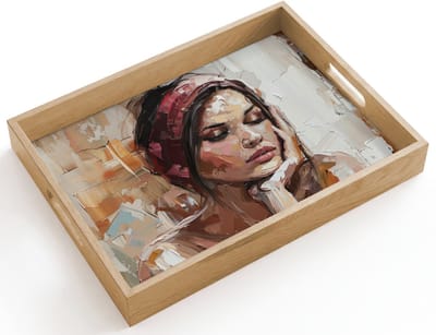 Dienblad hout 40x30 cm - Schootdienblad - Vrouw - Verflook - Portret - Modern - Borrelplank rechthoek - Plateau dienbladen