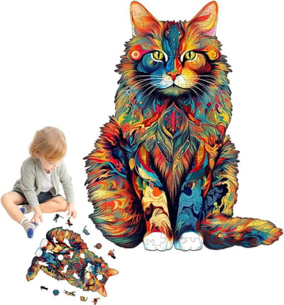 Houten Kattenpuzzel - Breinbreker Spel - Ontspannend Tijdverdrijf - Natuurlijk Hout Materiaal - 22 x 21 cm - A3