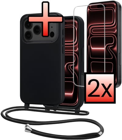 Hoes Geschikt voor iPhone 17 Pro Met Telefoonkoord Met 2x Screenprotector - Siliconen Hoesje Backcover Met Ketting - Zwart
