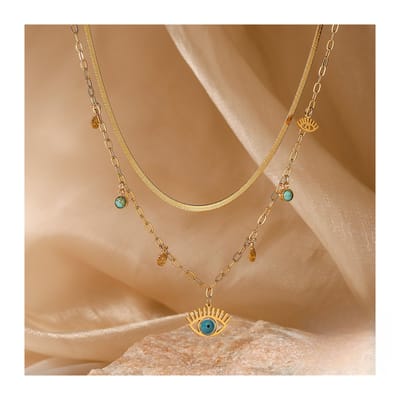 Goudkleurige Layered Ketting - Bescherm Oog - Turkoois Bedels - Roestvrij Staal - Trendy - Verstelbaar - Dames