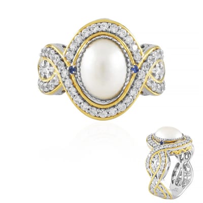 Cavill - Zilveren ring met palladium afwerking - 925 sterlingzilver - Witte ovale Mabe parel 10x8 mm - Blauwe saffier & zirkonia - Elegante damesring