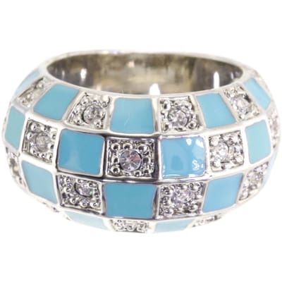Behave - Ring - Zilverkleurige statement ring met blauw dambordpatroon en kristallen – Trendy & modern