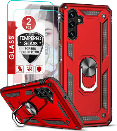 HB Hoesje Geschikt voor Samsung Galaxy A04S & M13 Rood & 2X Glazen Screenprotector - Anti-Shock Hybrid Armor Back Cover - Hoes met Kickstand Ring