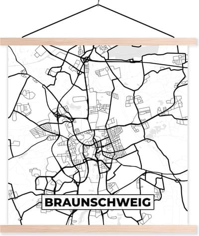 Posterhanger incl. Poster 40x40 cm - Schoolplaat - Braunschweig - Stadskaart - Kaart - Plattegrond - Textielposter - Blanke latten - Stadskaart