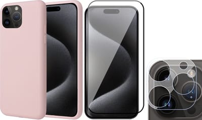 Hoesje geschikt voor iPhone 15 Pro - Screenprotector FullGuard & Camera Lens Screen Protector - Back Cover Case SoftTouch Roze