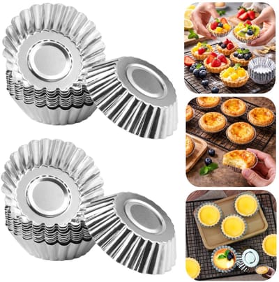 30 stuks eiertaartvormpjes - Mini cakevormpjes - Bakvormpjes - Puddingvormpjes - Aluminium antiaanbakvormpjes - Taartvormpjes - Bloemvormige eiertaartvorm - Stapelbaar - Voor pudding, cakes, eiertaartjes, gelei, koekjes (7,3*2 cm - Zilver)