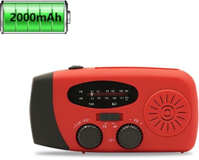 Colorful Sun® Noodradio op batterijen – Handmatig opwindbaar – Zonne-energie – Micro-USB – 2000mAh powerbank – AM/FM radio – LED zaklamp – SOS alarm – Voor noodsituaties – Rood