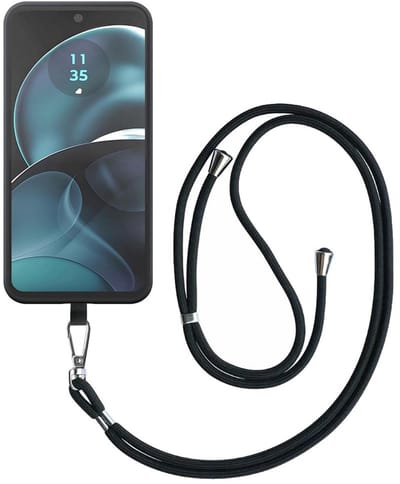 Geschikt voor Motorola Moto G14 Telefoonhoesje met Afneembaar Zwart Koord - Flexible Back Cover Case Siliconen TPU with Black Lanyard - Zwart - Smartphonica geschikt voor Motorola Moto G14