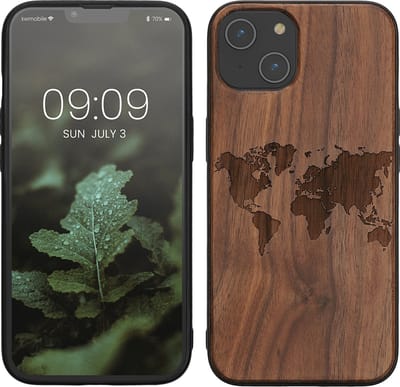 kwmobile telefoonhoesje geschikt voorApple iPhone 14 - Hoesje met bumper - hout - In donkerbruin Wereldkaart design