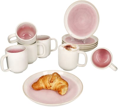 12-delige ontbijtset REACTIVE GLAZE PARIS crème & roze steengoed voor 6 personen