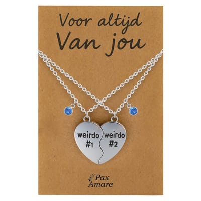 Koppel Ketting voor 2 'Voor altijd van jou' - Weirdo's Hartje - Vriendschapsketting op Cadeau Kaartje - 45cm + 5cm verstelbaar - Zilverkleurig - Persoonlijke Hanger - Pax Amare
