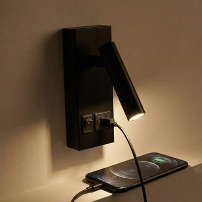 LED Wandlamp - Bedlamp met USB+C poort en schakelaar | Zwart | 2W | 140 lumen | Niet dimbaar | 3000K - Warm wit (830)