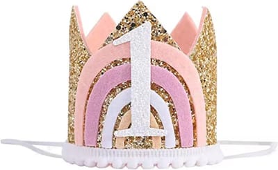 Verjaardagskroon Baby 1 Jaar Meisje – Eerste Verjaardag – Rosé Goud Glitter – Regenboog Design – Verstelbaar met Klittenband
