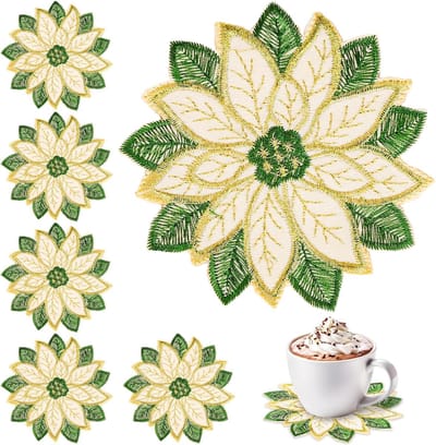 Daity 10 stuks geborduurde kerstonderzetters - dubbele onderzetters met gouden kerststerapplicatie - kerstonderzetters met bloemen - geschikt voor wintervakanties - huis - keuken - tafeldecoraties (10 x 10 cm)