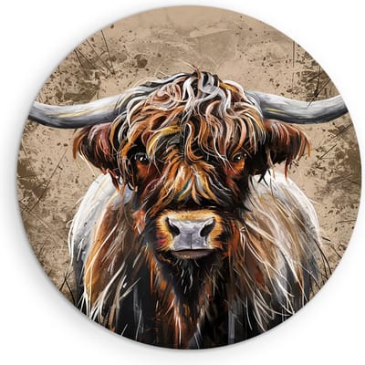 Saammp Muurcirkel Hout - Schotse Hooglander Koe - Portret - Landschap - Dieren - Natuur - Ø 90 - Wandcirkel - Wanddecoratie Cirkel - muurdecoratie Woonkamer - Slaapkamer decoratie - Rond Schilderij