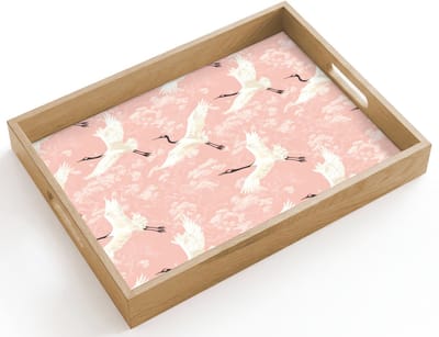 Dienblad hout 40x30 cm - Schootdienblad - Kraanvogels - Bloesem - Roze - Borrelplank rechthoek - Plateau dienbladen