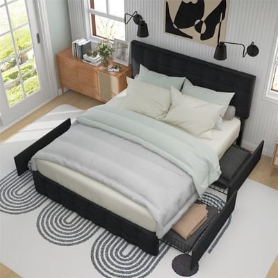 YEHTOKHOME Gestoffeerd bed 140x200 cm met 4 lades - Tweepersoonsbed met opbergruimte - metalen lattenbodem - in hoogte verstelbaar hoofdeinde - linnen - zwart