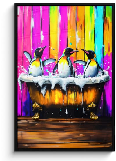 Poster in lijst - Fotolijst 80x120 cm - Posters - Pinguïns - Badkuip - Kleurrijk - Schuim - Posterlijst zwart - Decoratie - Wanddecoratie woonkamer - Muurdecoratie slaapkamer