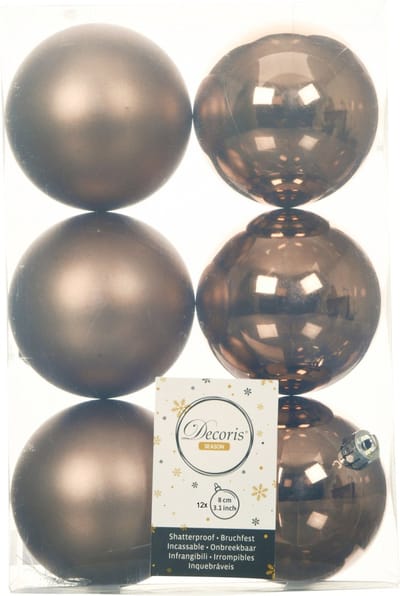 Decoris Kerstballen - 12x st - walnoot bruin - D8 cm - kunststof - mat/glans - kerstversiering