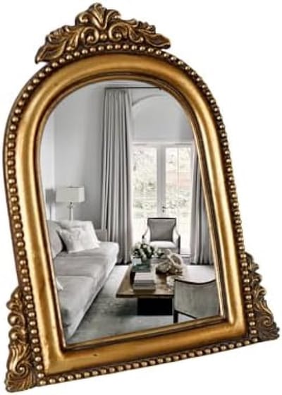 Gouden Barokke Spiegel - Antieke Sierlijke Make-up Spiegel met Gebogen Hars Frame - Wandspiegel of Tafelmirror voor Badkamer, Slaapkamer of Woonkamer - 9.6x6.5 cm
