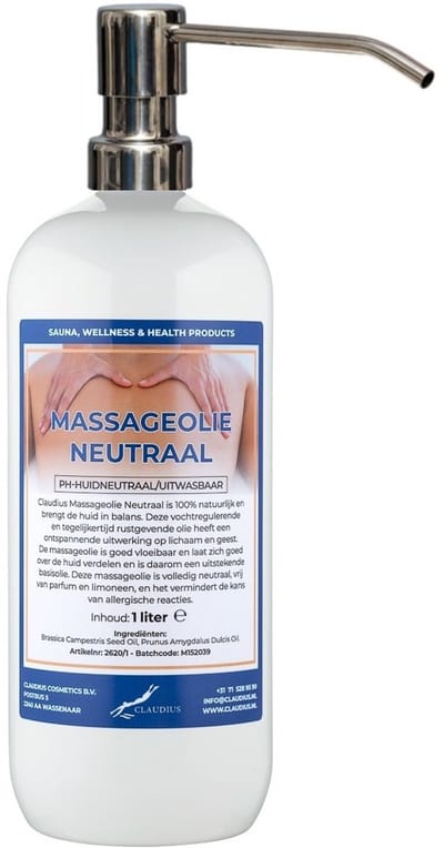 Massageolie Neutraal 1 liter met zilveren pomp - 100% natuurlijk - biologisch en koud geperst