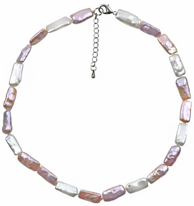 Zoetwaterparel ketting Pearl Rectangle Soft Colors - handgeknoopt - echte parels - sterling zilver (925) - wit - zalm - roze - sieraden zakje
