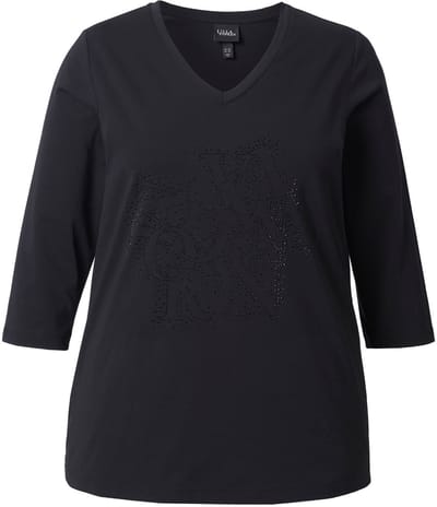 Ulla Popken - Dames - Shirt siersteentjes Classic V-hals 3/4-mouwen - Zwart - Maat 50+