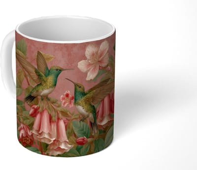 Mok - Koffiemok - Kolibries - Bloemen - Groen - Roze - Mokken - 350 ML - Beker - Koffiemokken - Theemok