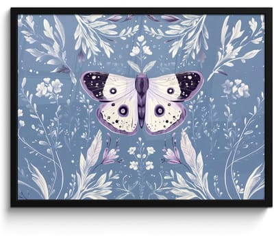 Poster in lijst - Fotolijst 70x50 cm - Posters - Vlinder - Bloemtakken - Lichtblauw - Posterlijst zwart - Decoratie - Wanddecoratie woonkamer - Muurdecoratie slaapkamer
