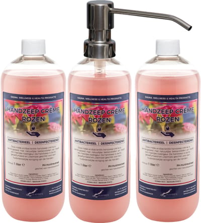 Handzeep Crème Rozen 1 liter - set van 3 stuks - met gratis RVS zilverkleurige pomp - Voordeelverpakking