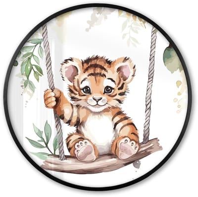 Poster in lijst Rond - Fotolijst 60x60 cm - Posters - Tijger - Dier - Kinderen - Jungle - Ronde posterlijst zwart - Decoratie - Wanddecoratie woonkamer - Muurdecoratie slaapkamer