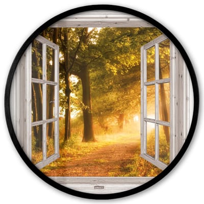 Poster in lijst Rond - Fotolijst 40x40 cm - Posters - Bos - Bomen - Zonlicht - Herfst - Bospad - Natuur - Doorkijk - Ronde posterlijst zwart - Decoratie - Wanddecoratie woonkamer - Muurdecoratie slaapkamer