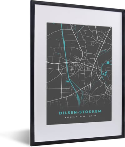 Fotolijst incl. Poster - Stadskaart – Grijs - Kaart – Dilsen Stokkem – België – Plattegrond - 30x40 cm - Posterlijst