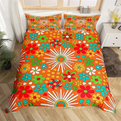 Retro jaren 70 Hippie Stijl Dekbedovertrek Queen Microfiber Psychedelisch Paddenstoelen Beddengoed Set Kamer Decoratie Cadeaus Regenboog Bloemen Dekbedovertrek EU Double(200*200cm)3pcs
