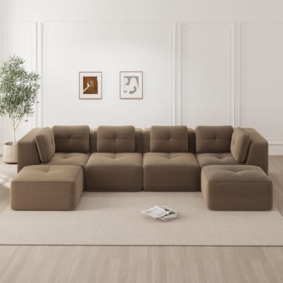 DESMIU U-Bank 386 x 177 x 69 Cm - Modulaire Hoekbank Met Ottomaan En Slaapfunctie - Voor Woonkamer - Corduroy Bruin