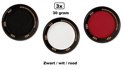 3x Set PXP Professional Colours schmink rood/wit/zwart 30 gram - Schminken verjaardag Halloween feest festival thema feest