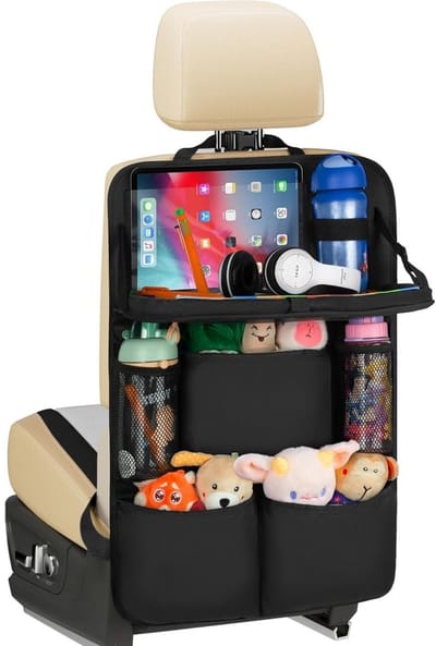 Famanu – Autostoelorganizer met klaptafel - 7 vakken - tablettas - hangende achterbank-organizer voor kinderen en reizen - universeel voor de meeste auto's