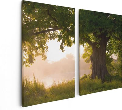 Artaza Canvas Schilderij Tweeluik Eikenboom Aan Het Water Met Volle Bladeren - 80x60 - Foto Op Canvas - Canvas Print