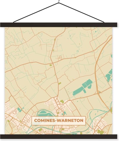 Posterhanger incl. Poster 60x60 cm - Schoolplaat - Kaart - Stadskaart - Plattegrond - Comines-Warneton - Vintage - Textielposter - Zwarte latten - Stadskaart