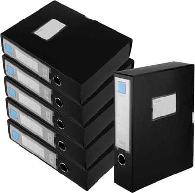 6 stuks zwarte archiefdozen A4, verzameldoos, A4, kunststof met klittenbandsluiting en rugetiket, documentenbox, plastic archiefdoos voor mappen, documentenorganisatie