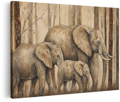 Artaza Canvas Schilderij Olifantenfamilie in Bos - Natuur - Industrieel - 60x40 cm - Wanddecoratie Woonkamer - Schilderijen - Muurdecoratie