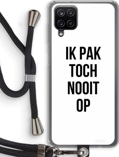 Case Company® - Hoesje met koord geschikt voor Samsung Galaxy A12 hoesje met Koord - Ik pak nooit op - Telefoonhoesje met Zwart Koord - Bescherming aan alle Kanten en Over de Schermrand