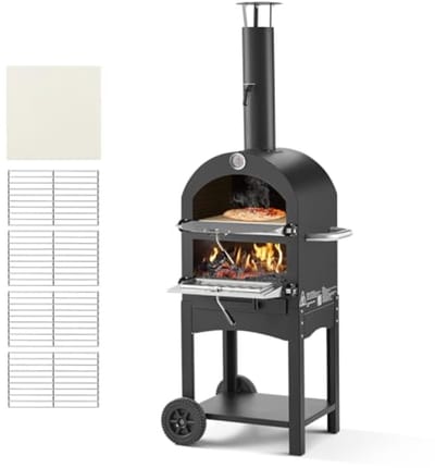 Houtgestookte buitenpizzaoven met wielen en thermometer - 30 cm