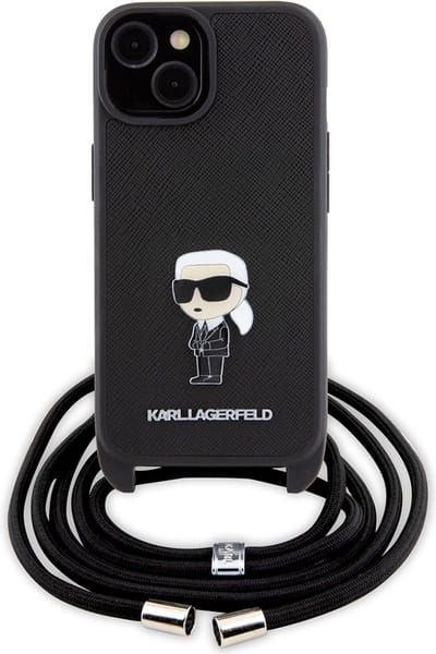 Karl Lagerfeld Crossbody Saffiano Monogram Metal Pin Karl & Choupette Case for iPhone 15 - Black