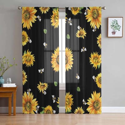 Zonnebloem Bloem Landelijke Stijl Gordijn Tule Decoratieve Transparante Gordijnen voor Woonkamer Slaapkamer Keuken Hotel Huis Raampanelen 135W x 114H(cm) gray