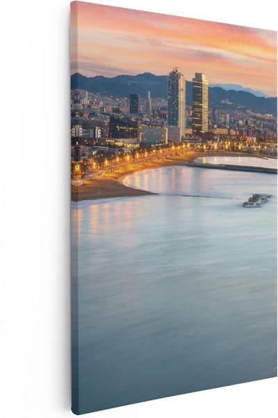 Artaza Canvas Schilderij Stad Aan Zee - 20x30 cm - Klein - Wanddecoratie Kust - Muurdecoratie Strand Barcelona - Kamer Accessoires Skyline