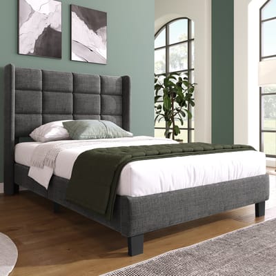 Gestoffeerd eenpersoonsbed met hoofdeinde - Slaapkamer en logeerkamer 90x200 cm - Grijs - Inclusief houten lattenbodem - Stalen frame - Geruisloze klittenbandbevestiging - 100 kg draagvermogen