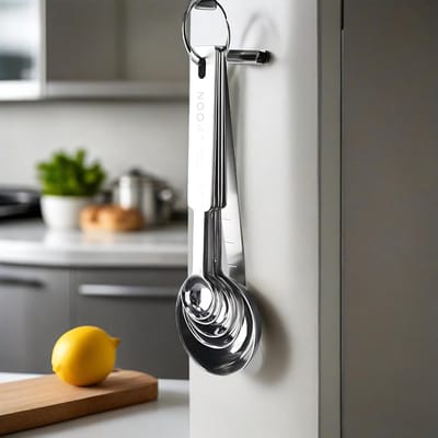 Famanu - Maatbeker en maatlepel set RVS met meetliniaal en clip, inclusief keukenomrekeningstabel, voor nauwkeurig meten van droog en vloeibaar